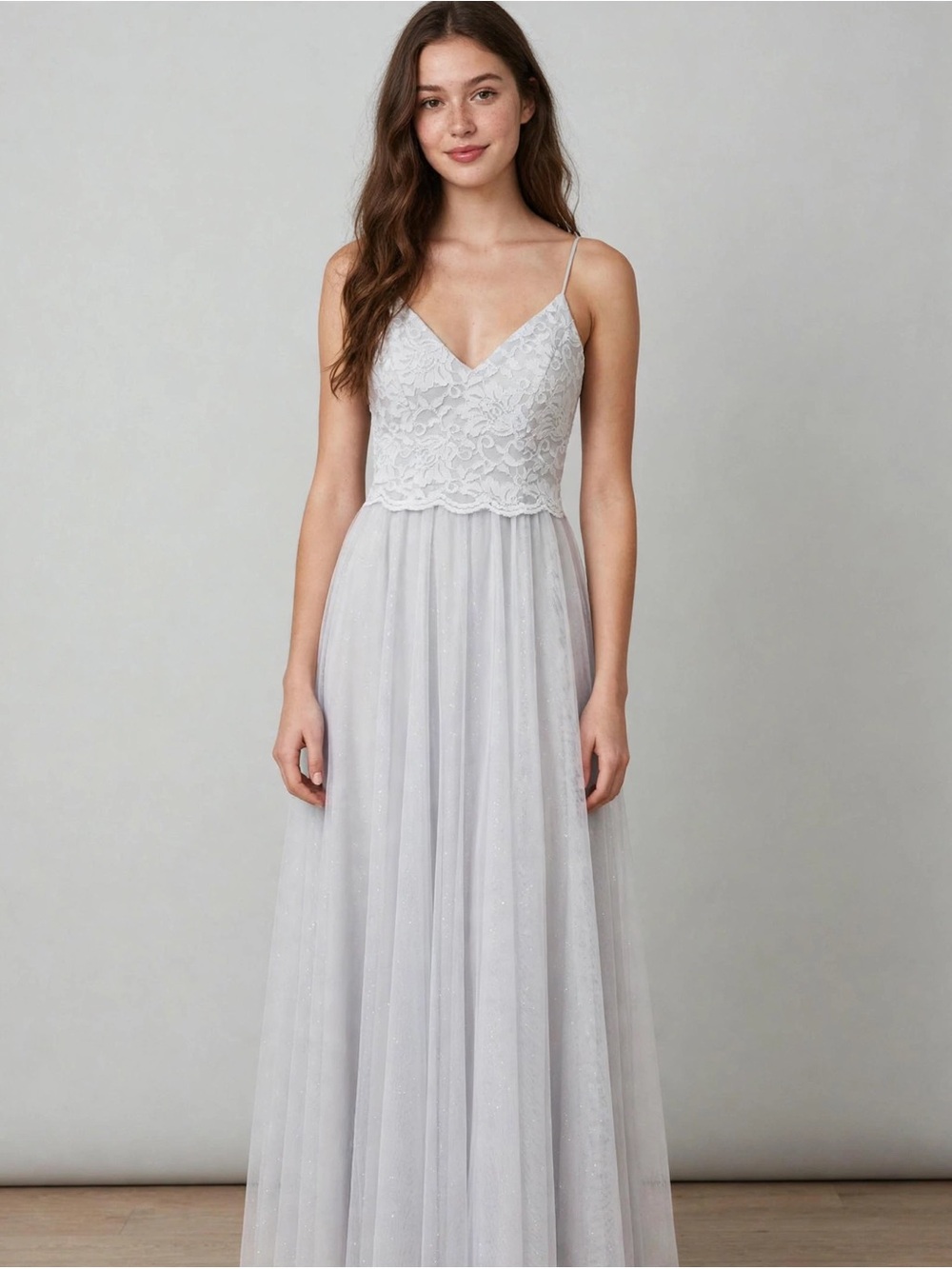 Jump Lace Bodice Spaghetti-Strap Maxi Dress in Light Gray